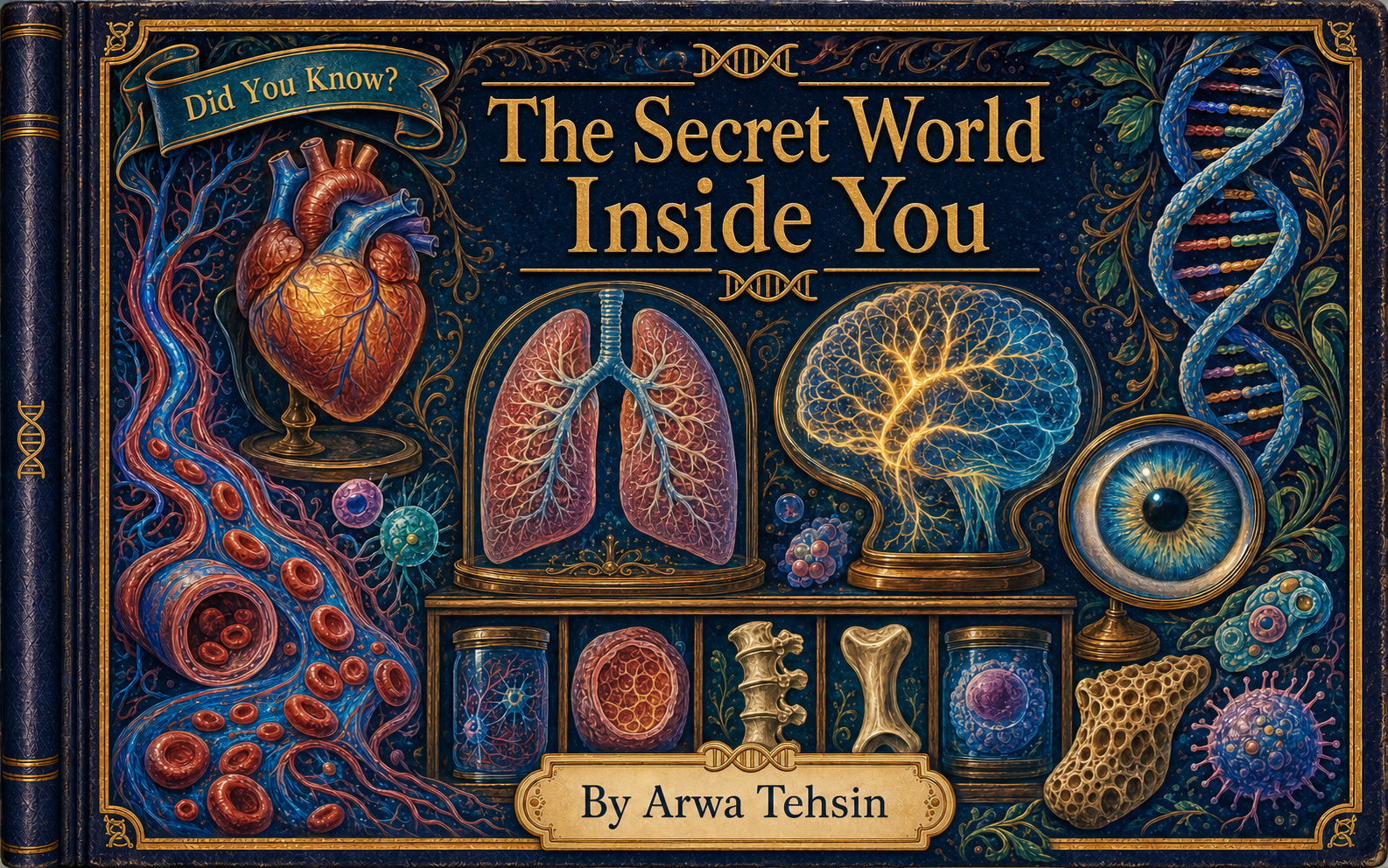 The Secret World Inside You cover with illustrated body systems, cells, and a gold DNA spine emblem
