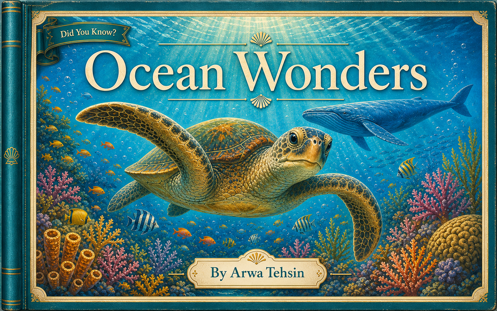 Ocean Wonders cover with a sea turtle swimming through a coral reef